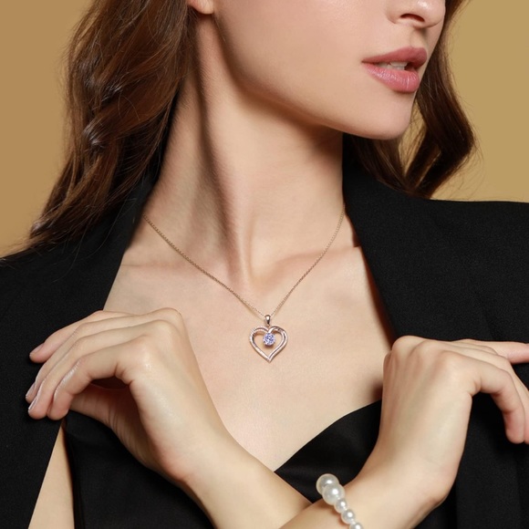 NWT 18k Rosegold Over 925 Sterling Silver Heart Birthstone CZ Pendant Necklace - Picture 4 of 7